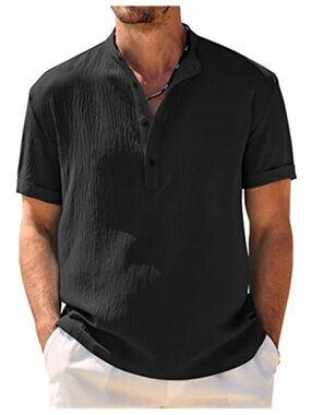 Men Henley Shirt Short Sleeve Band Collar Summer Beach Casual Button Loose Fit